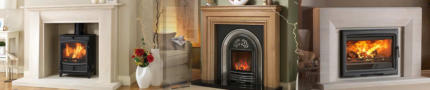 Log burner stove fireplace, limestone, gas fire in wood mantel, wide log burner in surround