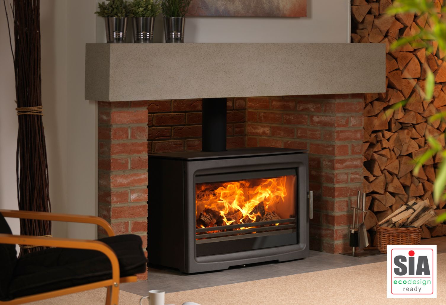 Purevision Freestanding Wide Log Burner, Wood Burner, Stove, Brick Fireplace