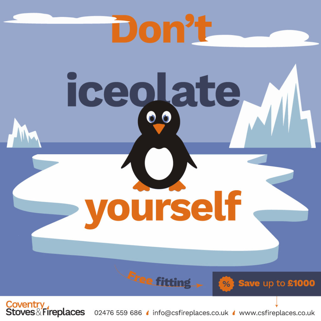 Promotional image of wood burning stove package free fitting campaign: Don't iceloate yourself, featuring penguin on ice